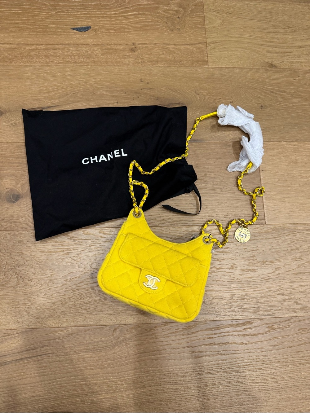 CHANEL Jersey Quilted Small Wavy CC Hobo Yellow